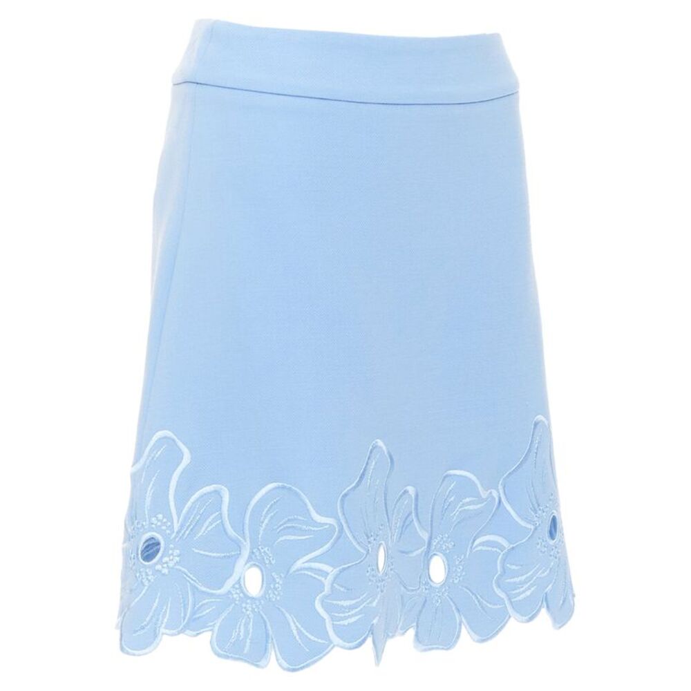 CHRISTIAN DIOR powder blue wool crepe floral cutout embroidered hem skirt FR38 M - Picture 2 of 9
